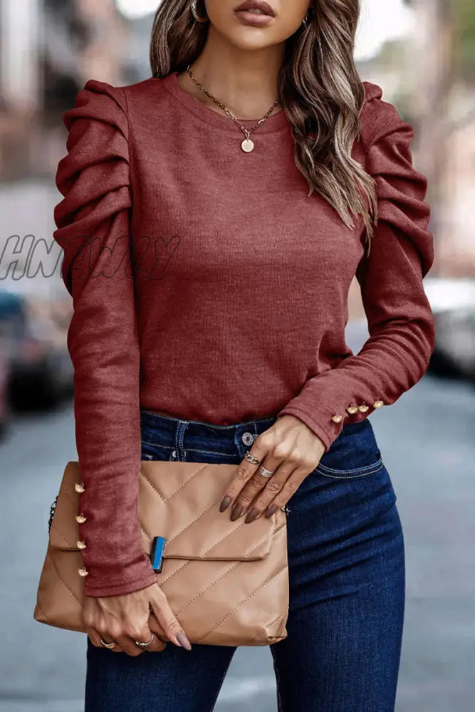 Hnewly - Casual Solid Fold O Neck Tops Burgundy / S Tops/Long Sleeve