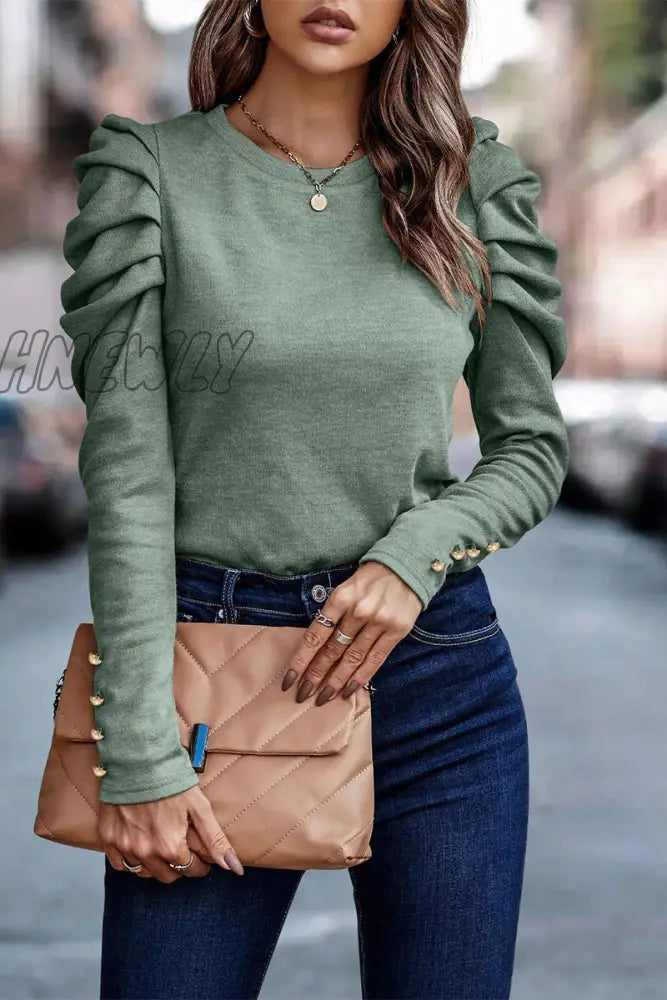 Hnewly - Casual Solid Fold O Neck Tops Green / S Tops/Long Sleeve