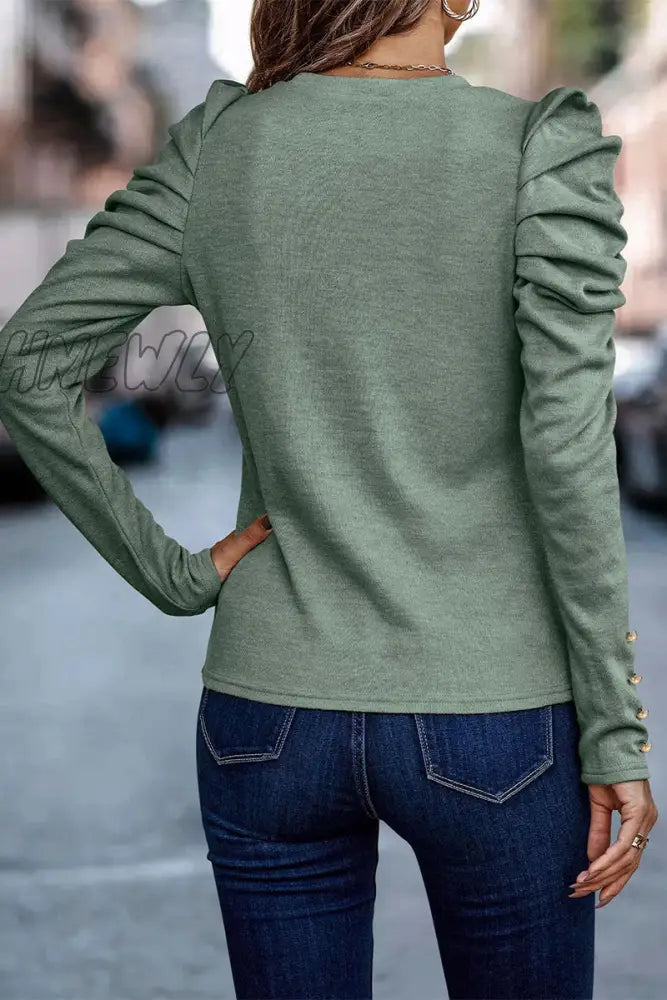 Hnewly - Casual Solid Fold O Neck Tops Tops/Long Sleeve