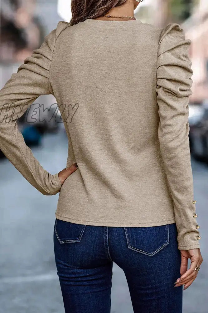 Hnewly - Casual Solid Fold O Neck Tops Tops/Long Sleeve