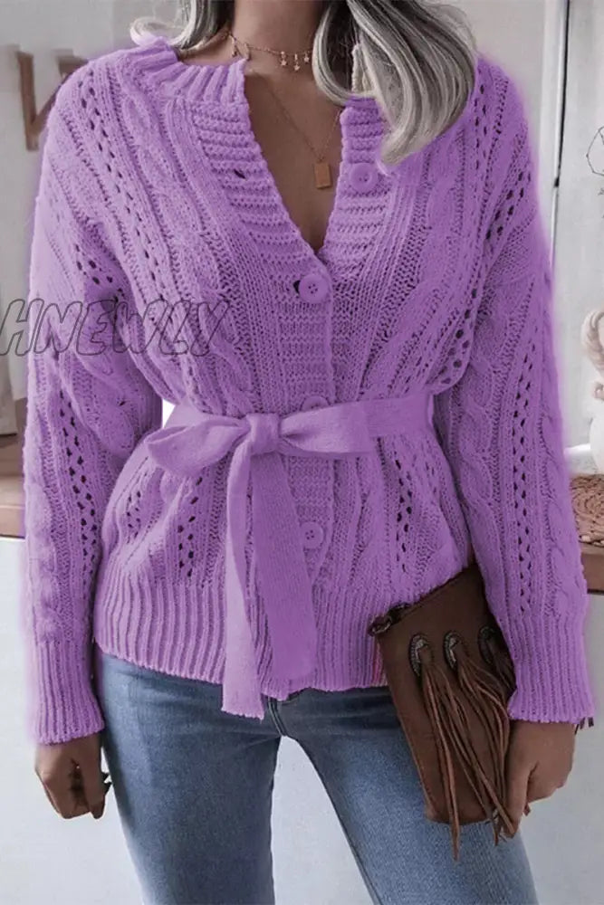 Hnewly - Casual Solid Hollowed Out Buckle With Belt Cardigan Collar Tops Purple / S Tops/Sweaters &