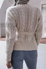 Hnewly - Casual Solid Hollowed Out Buckle With Belt Cardigan Collar Tops Tops/Sweaters & Cardigans