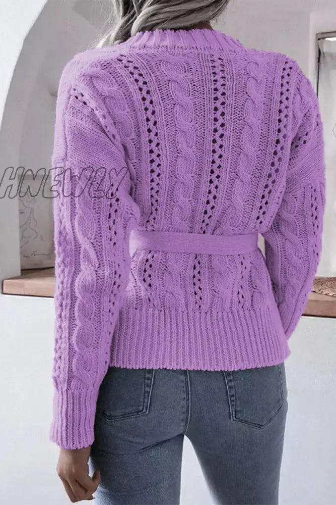 Hnewly - Casual Solid Hollowed Out Buckle With Belt Cardigan Collar Tops Tops/Sweaters & Cardigans