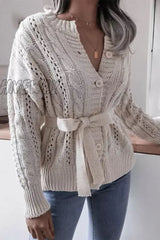 Hnewly - Casual Solid Hollowed Out Buckle With Belt Cardigan Collar Tops Tops/Sweaters & Cardigans