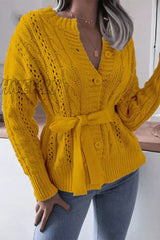 Hnewly - Casual Solid Hollowed Out Buckle With Belt Cardigan Collar Tops Yellow / S Tops/Sweaters &