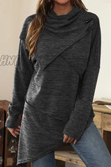 Hnewly - Casual Solid Patchwork Asymmetrical Scarf Collar Tops(5 Colors) Black / S Tops/Long Sleeve