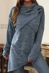 Hnewly - Casual Solid Patchwork Asymmetrical Scarf Collar Tops(5 Colors) Blue / S Tops/Long Sleeve