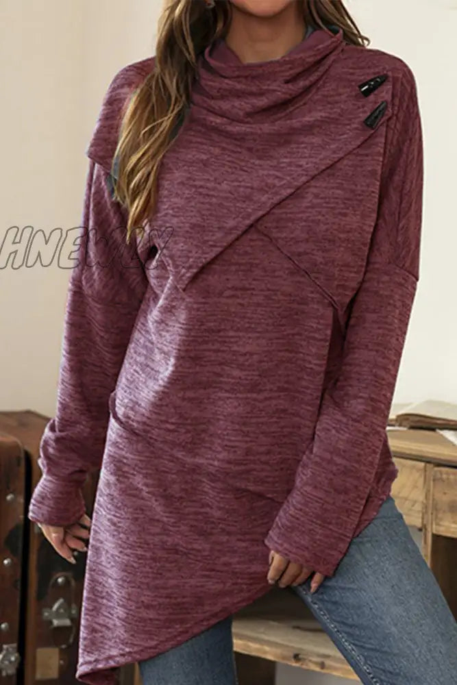 Hnewly - Casual Solid Patchwork Asymmetrical Scarf Collar Tops(5 Colors) Burgundy / S Tops/Long