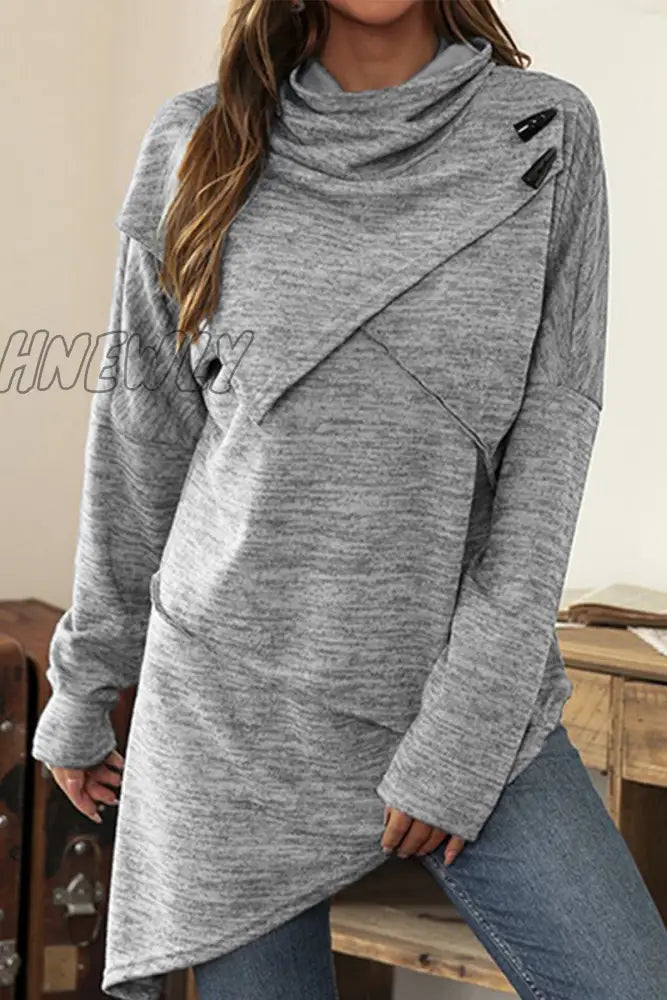 Hnewly - Casual Solid Patchwork Asymmetrical Scarf Collar Tops(5 Colors) Grey / S Tops/Long Sleeve