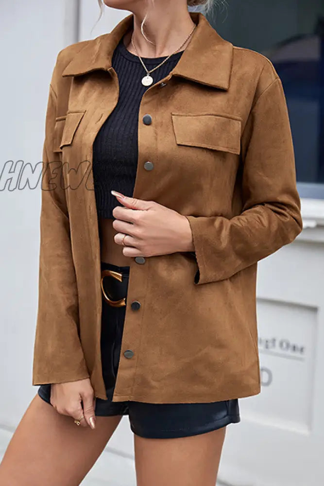 Hnewly - Casual Solid Patchwork Buckle Turndown Collar Outerwear Brown / S Outerwear/Blazer & Suits