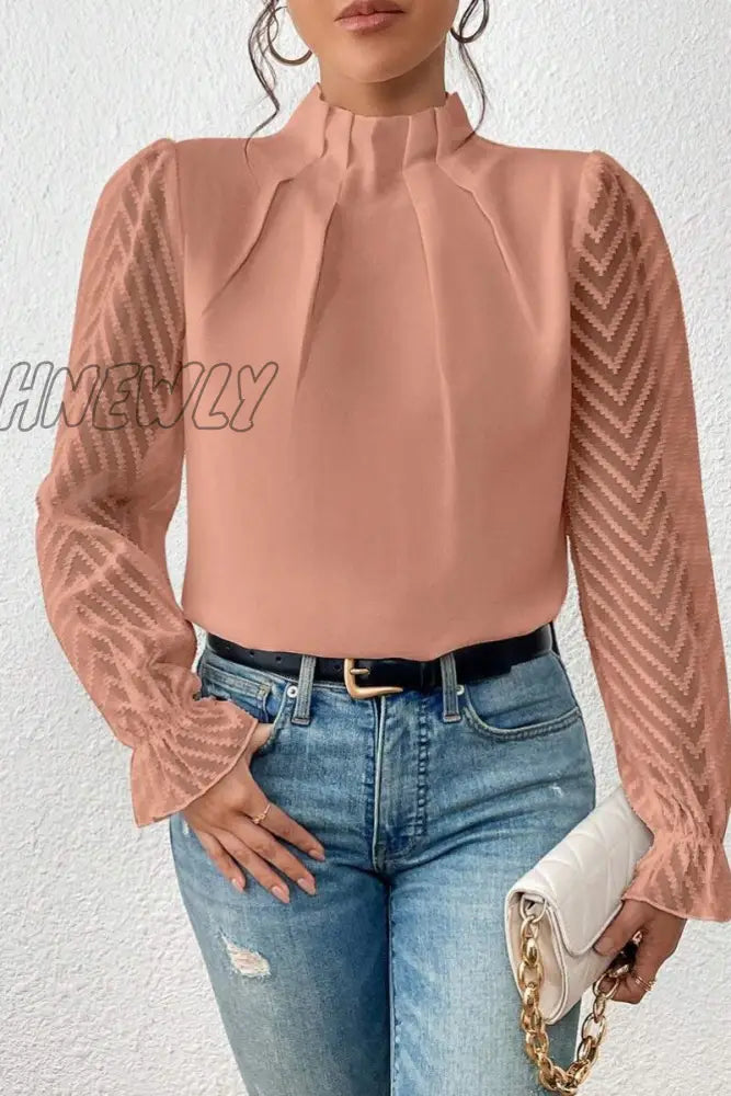 Hnewly - Casual Solid Patchwork Flounce Half A Turtleneck Tops Coral Powder / S Tops/Long Sleeve