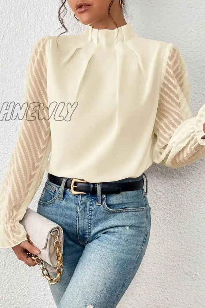 Hnewly - Casual Solid Patchwork Flounce Half A Turtleneck Tops Tops/Long Sleeve