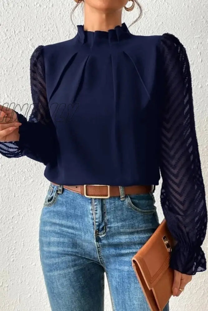 Hnewly - Casual Solid Patchwork Flounce Half A Turtleneck Tops Navy Blue / S Tops/Long Sleeve