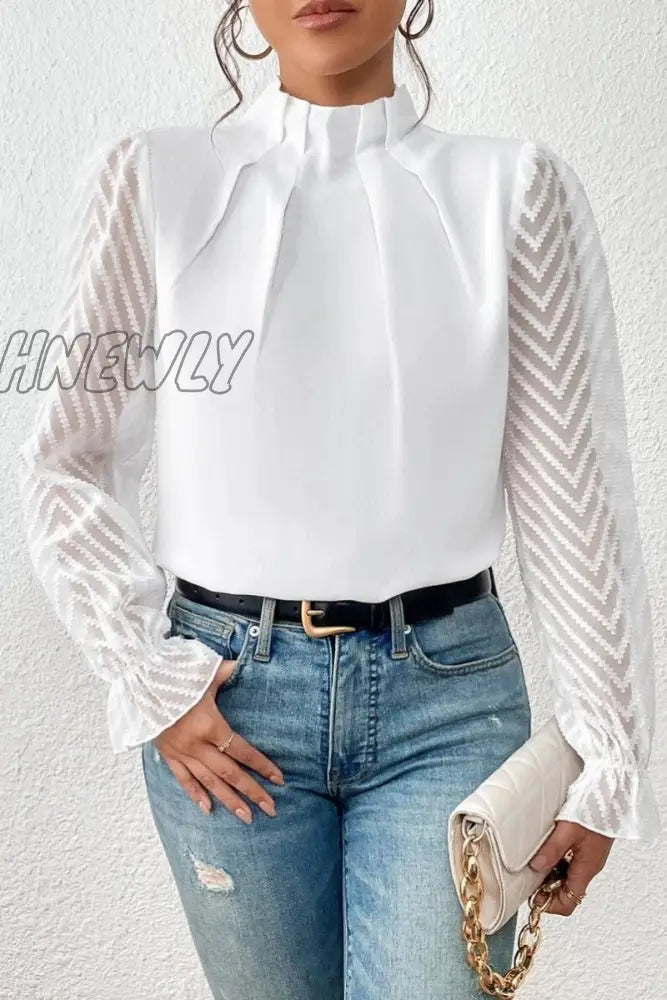 Hnewly - Casual Solid Patchwork Flounce Half A Turtleneck Tops White / S Tops/Long Sleeve