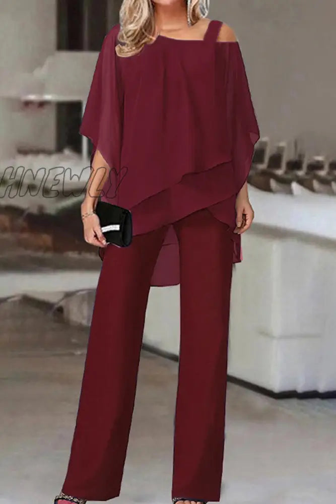 Hnewly - Casual Solid Patchwork Oblique Collar Two Pieces(5 Colors) Burgundy / S Pieces/Two-Piece