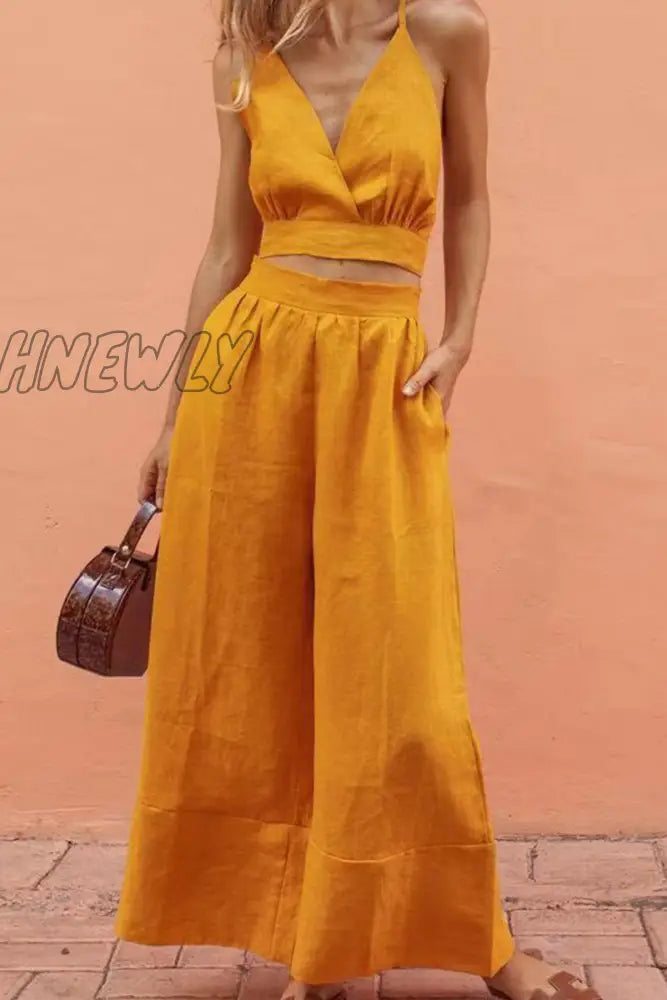 Hnewly - Casual Solid Patchwork Spaghetti Strap Sleeveless Two Pieces Yellow / S Pieces/Two-Piece