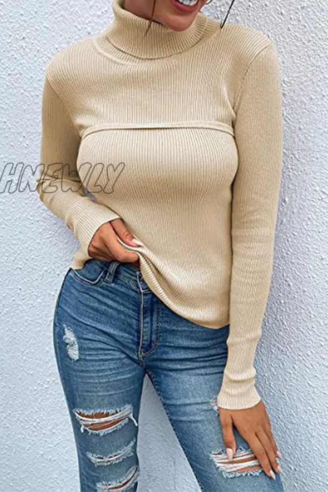 Hnewly - Casual Solid Patchwork Turtleneck Tops Apricot / S Tops/Long Sleeve