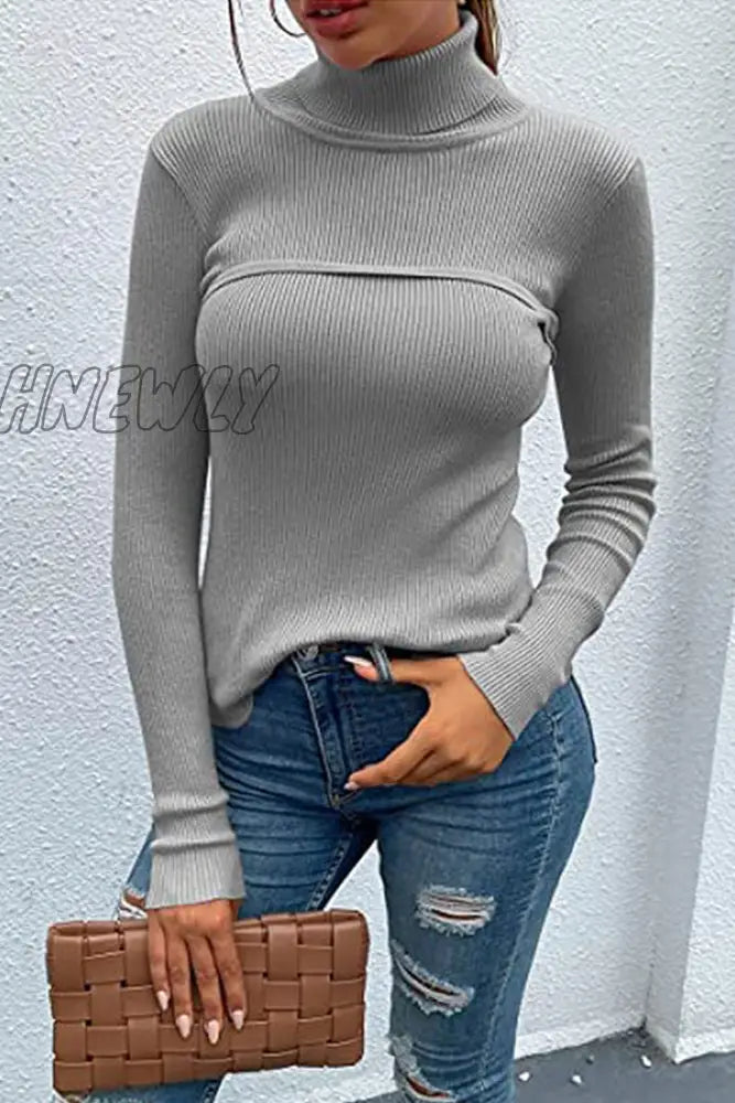 Hnewly - Casual Solid Patchwork Turtleneck Tops Grey / S Tops/Long Sleeve