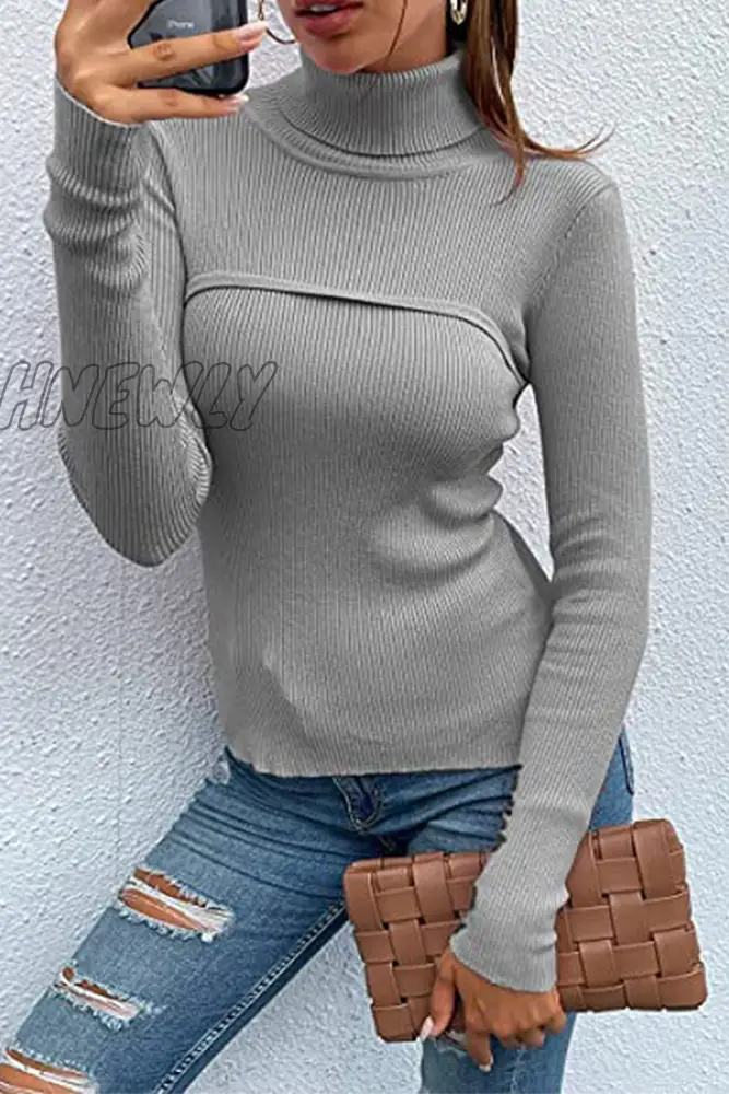 Hnewly - Casual Solid Patchwork Turtleneck Tops Tops/Long Sleeve