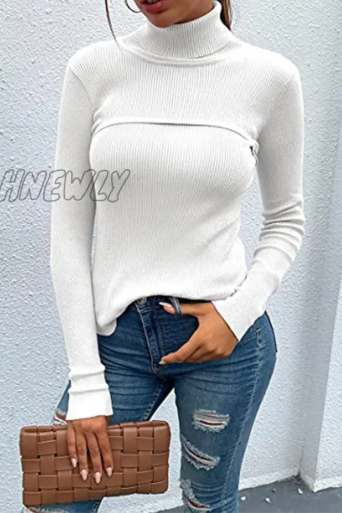 Hnewly - Casual Solid Patchwork Turtleneck Tops White / S Tops/Long Sleeve
