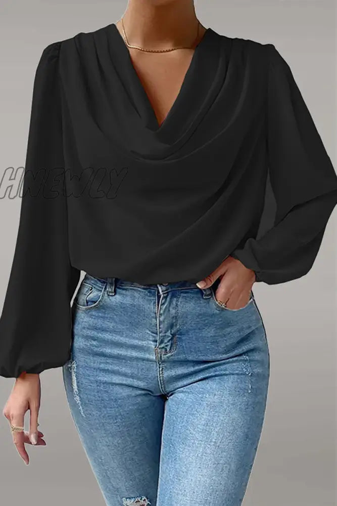 Hnewly - Casual Solid Patchwork U Neck Long Sleeve Tops(6 Colors) Black / S Tops/Long Tops