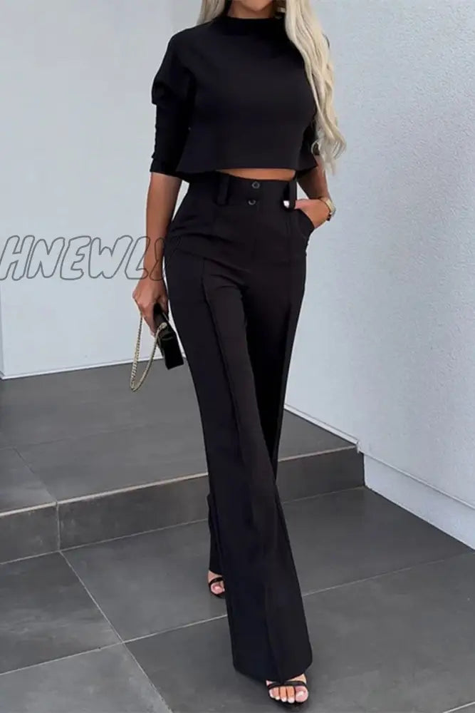 Hnewly - Casual Solid Pocket Half A Turtleneck Sleeve Two Pieces Black / S Pieces/Two-Piece Pants