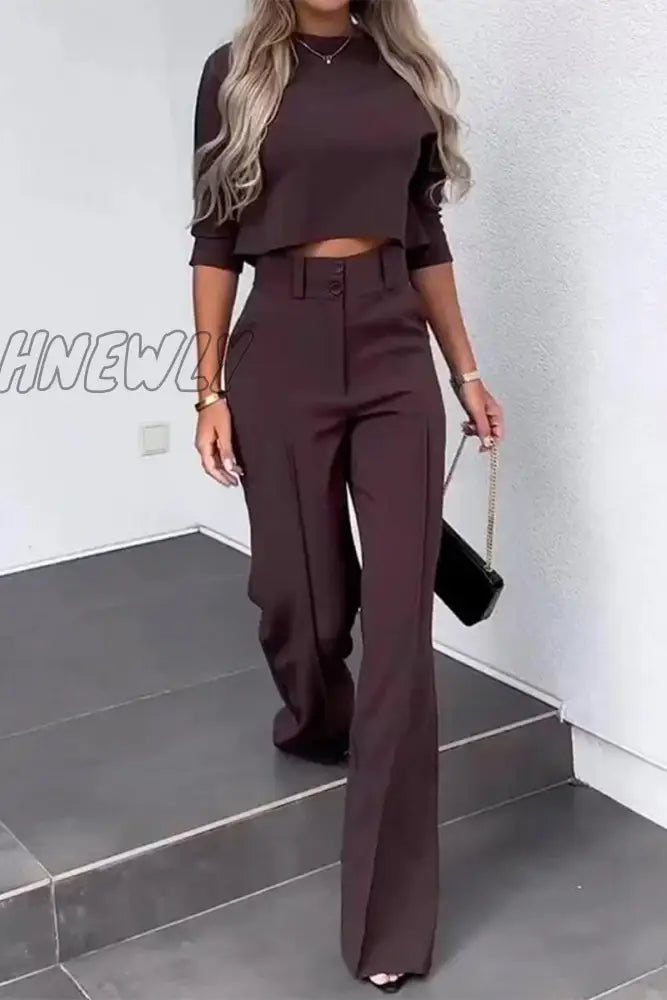 Hnewly - Casual Solid Pocket Half A Turtleneck Sleeve Two Pieces Brownness / S Pieces/Two-Piece