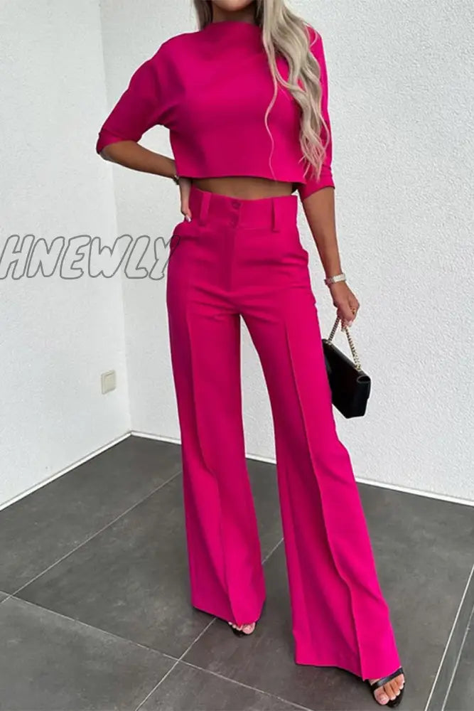 Hnewly - Casual Solid Pocket Half A Turtleneck Sleeve Two Pieces Pink / S Pieces/Two-Piece Pants Set