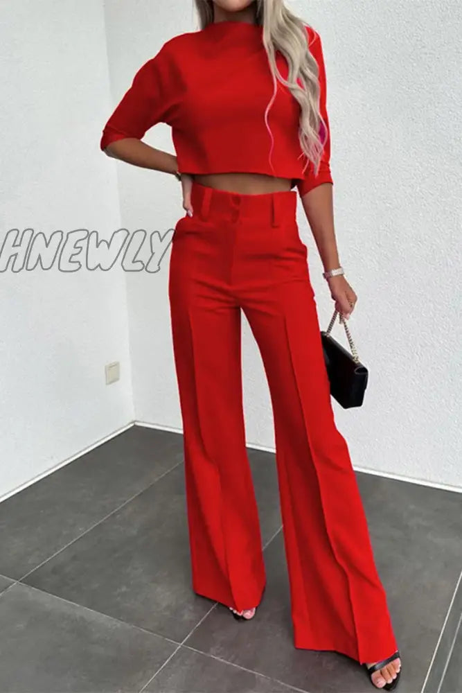 Hnewly - Casual Solid Pocket Half A Turtleneck Sleeve Two Pieces Red / S Pieces/Two-Piece Pants Set