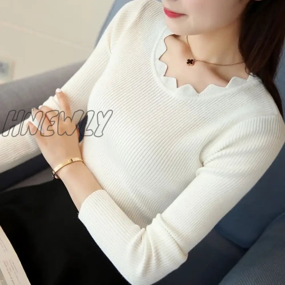 Hnewly Casual Solid Sweater Women Knitted Slim White Pullover Long Sleeve Tops Autumn Winter