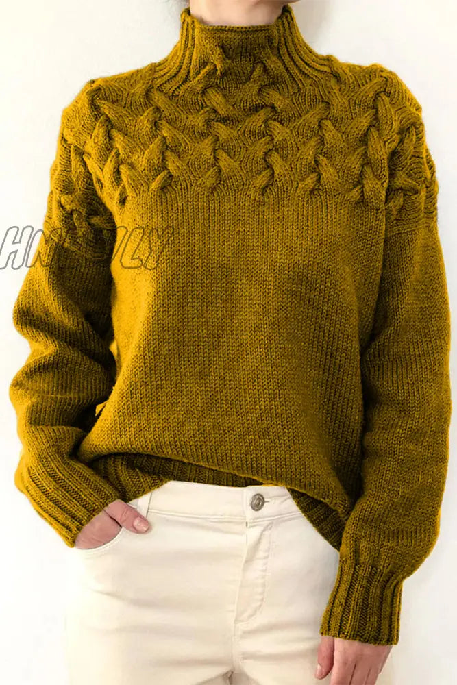 Hnewly - Casual Solid Weave Turtleneck Tops Earth Yellow / S Tops/Sweaters & Cardigans