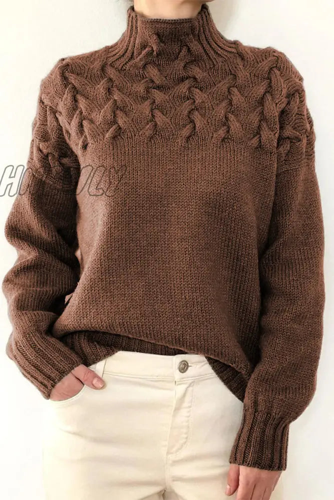 Hnewly - Casual Solid Weave Turtleneck Tops Khaki / S Tops/Sweaters & Cardigans