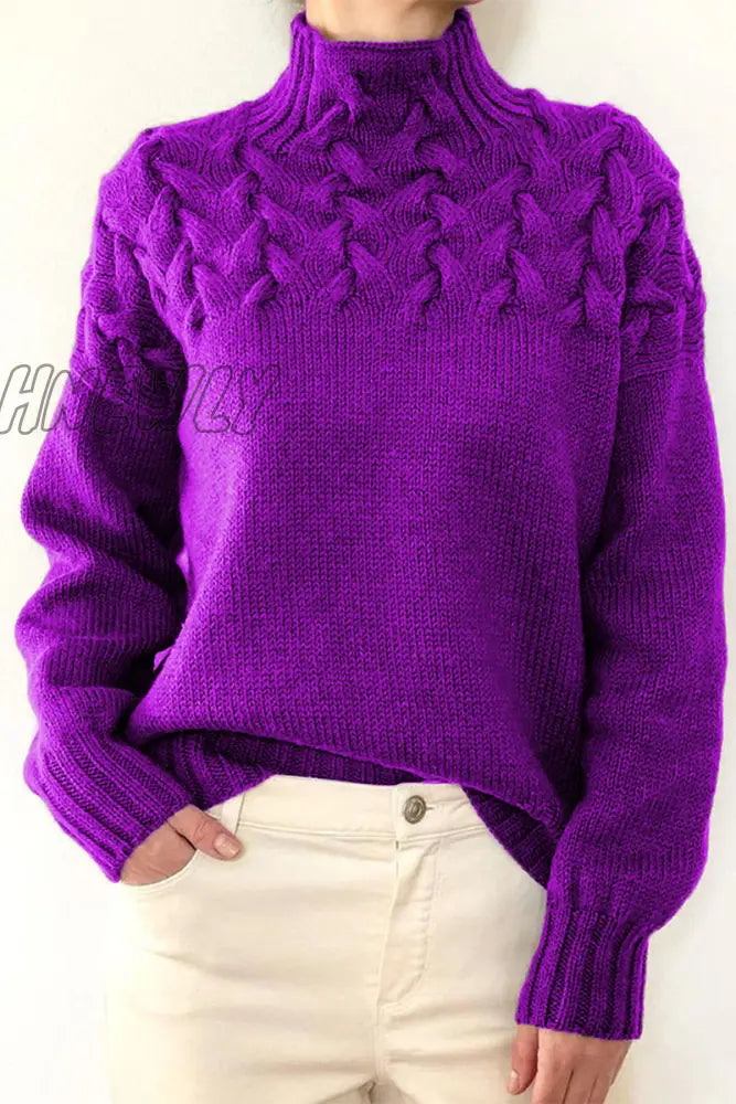 Hnewly - Casual Solid Weave Turtleneck Tops Purple / S Tops/Sweaters & Cardigans