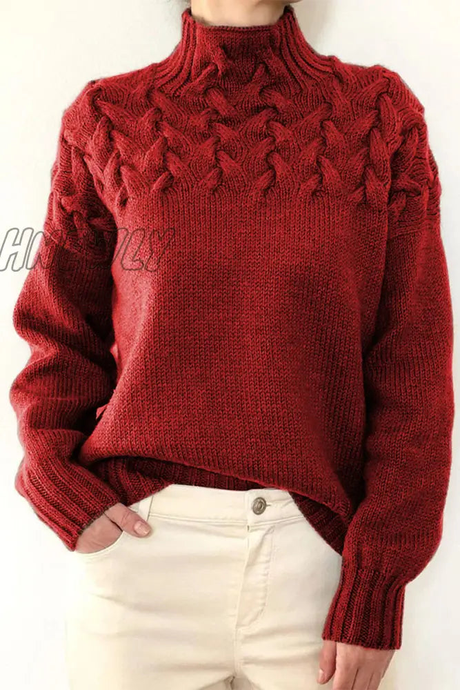 Hnewly - Casual Solid Weave Turtleneck Tops Red / S Tops/Sweaters & Cardigans