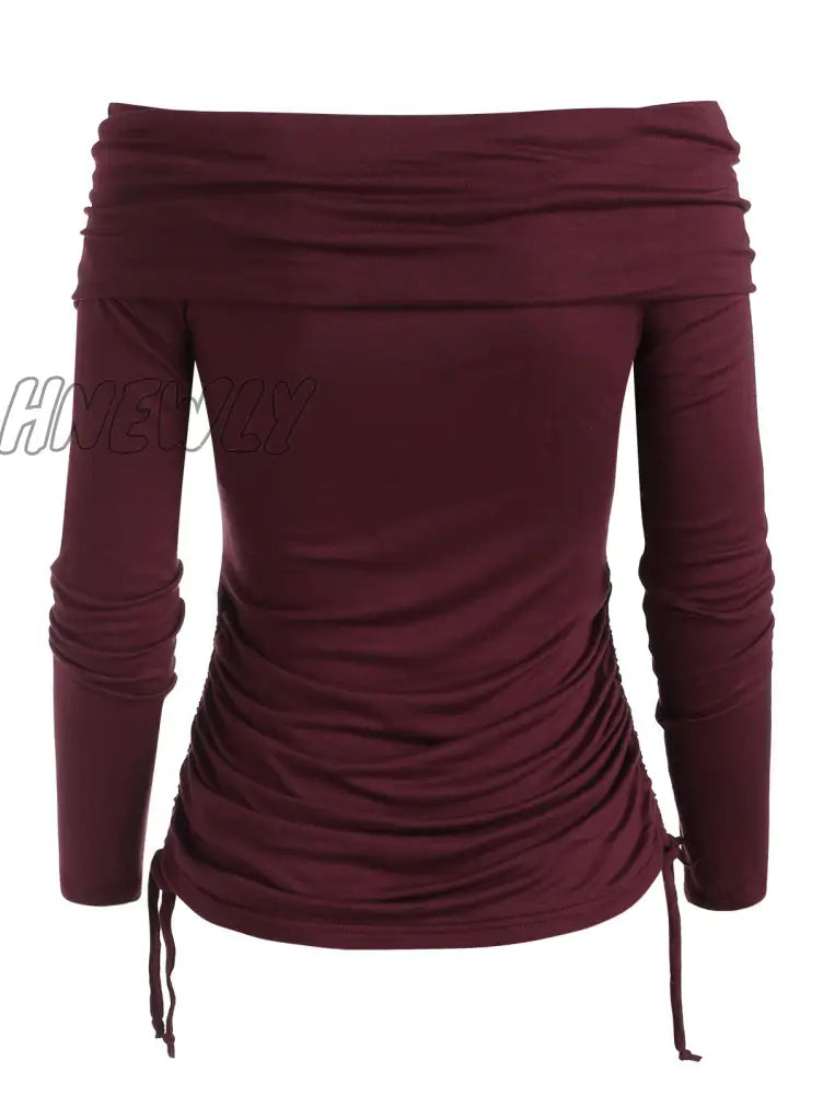 Hnewly Casual T Shirt Women Foldover Off Shoulder Cinched T-Shirt Solid Basic Long Sleeve Autumn