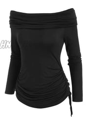 Hnewly Casual T Shirt Women Foldover Off Shoulder Cinched T-Shirt Solid Basic Long Sleeve Autumn