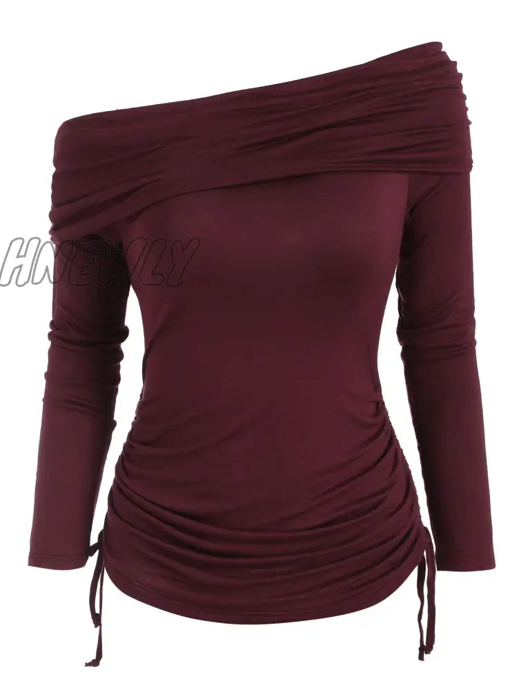 Hnewly Casual T Shirt Women Foldover Off Shoulder Cinched T-Shirt Solid Basic Long Sleeve Autumn