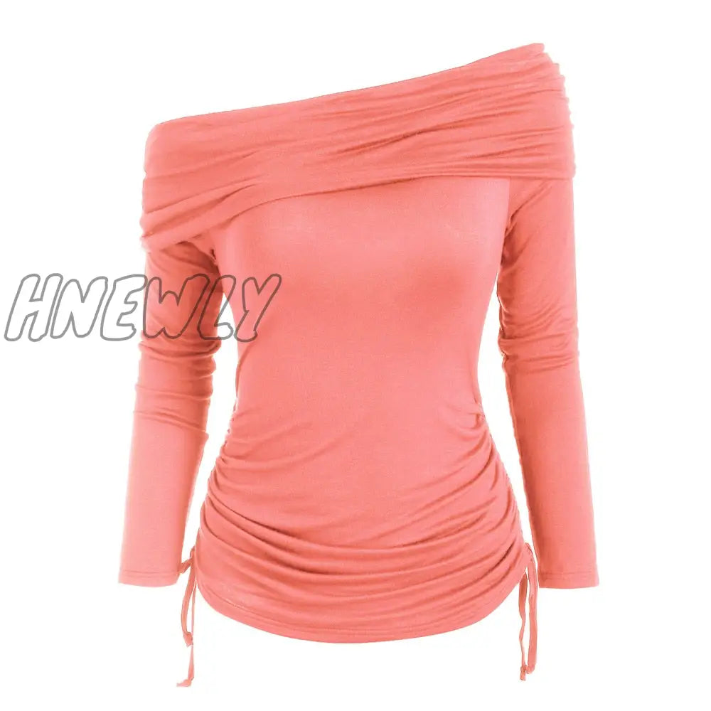 Hnewly Casual T Shirt Women Foldover Off Shoulder Cinched T-Shirt Solid Basic Long Sleeve Autumn