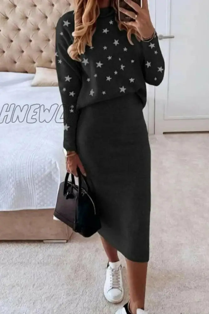 Hnewly - Casual The Stars Patchwork O Neck Long Sleeve Two Pieces(7 Colors) Black / S