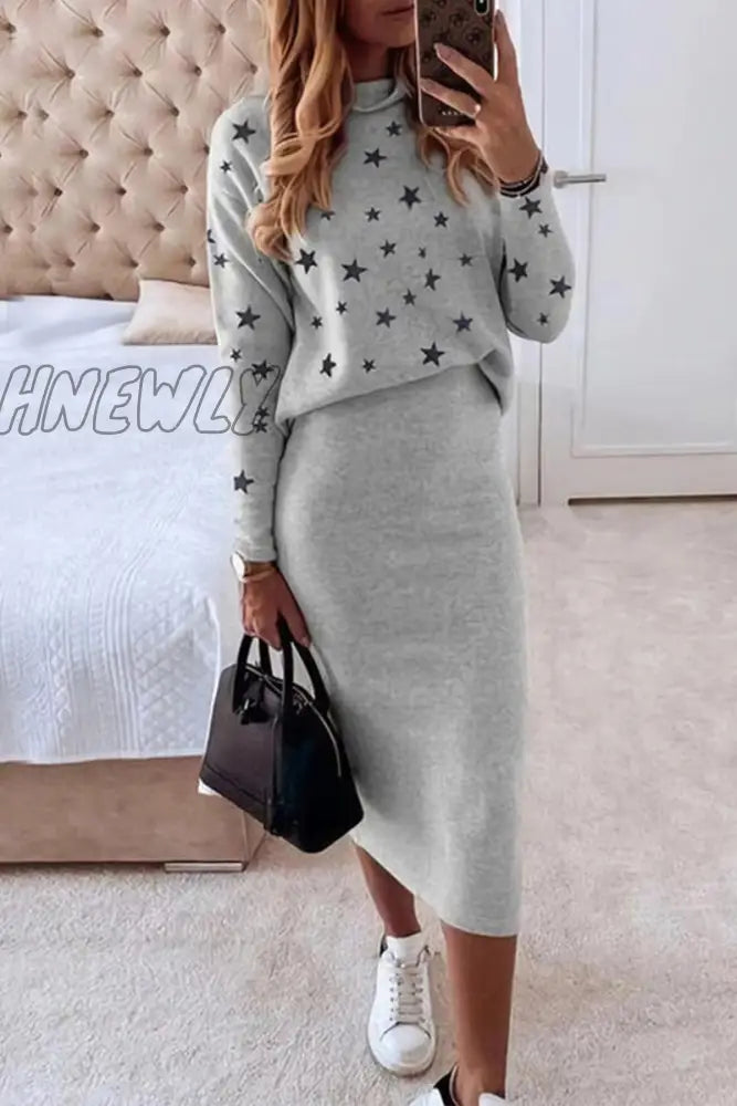 Hnewly - Casual The Stars Patchwork O Neck Long Sleeve Two Pieces(7 Colors) Light Gray / S