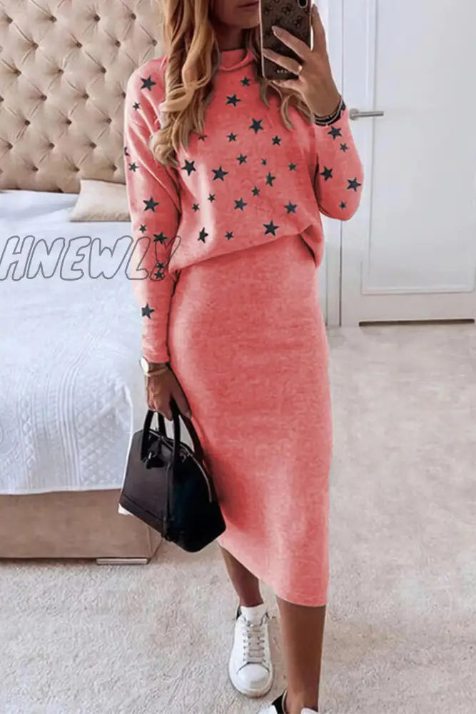 Hnewly - Casual The Stars Patchwork O Neck Long Sleeve Two Pieces(7 Colors) Watermelon Red / S