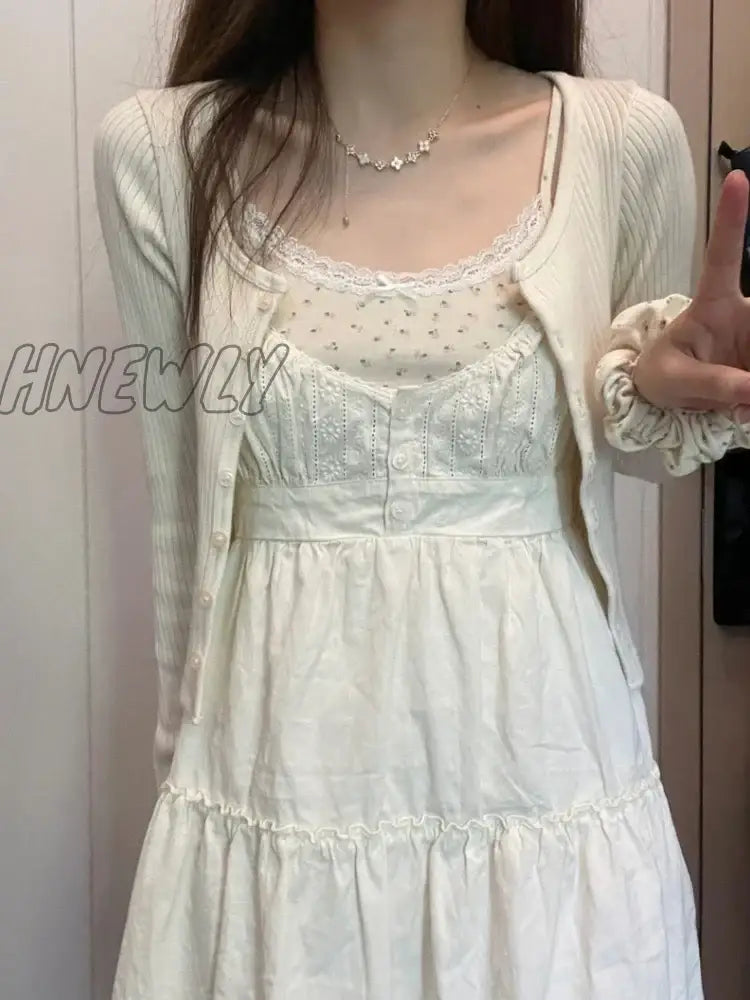 Hnewly Casual Women White Front Buttons Lace Spliced Sling Dress Summer Vintage Square Collar