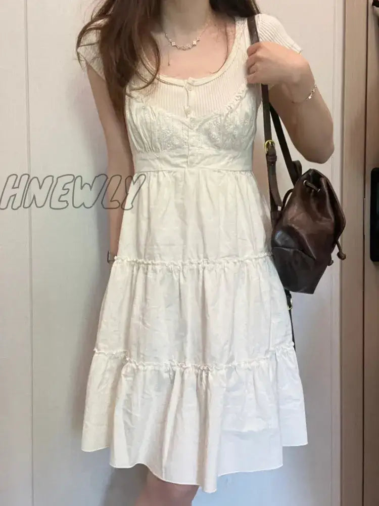 Hnewly Casual Women White Front Buttons Lace Spliced Sling Dress Summer Vintage Square Collar