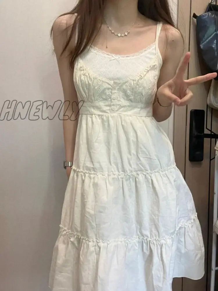 Hnewly Casual Women White Front Buttons Lace Spliced Sling Dress Summer Vintage Square Collar