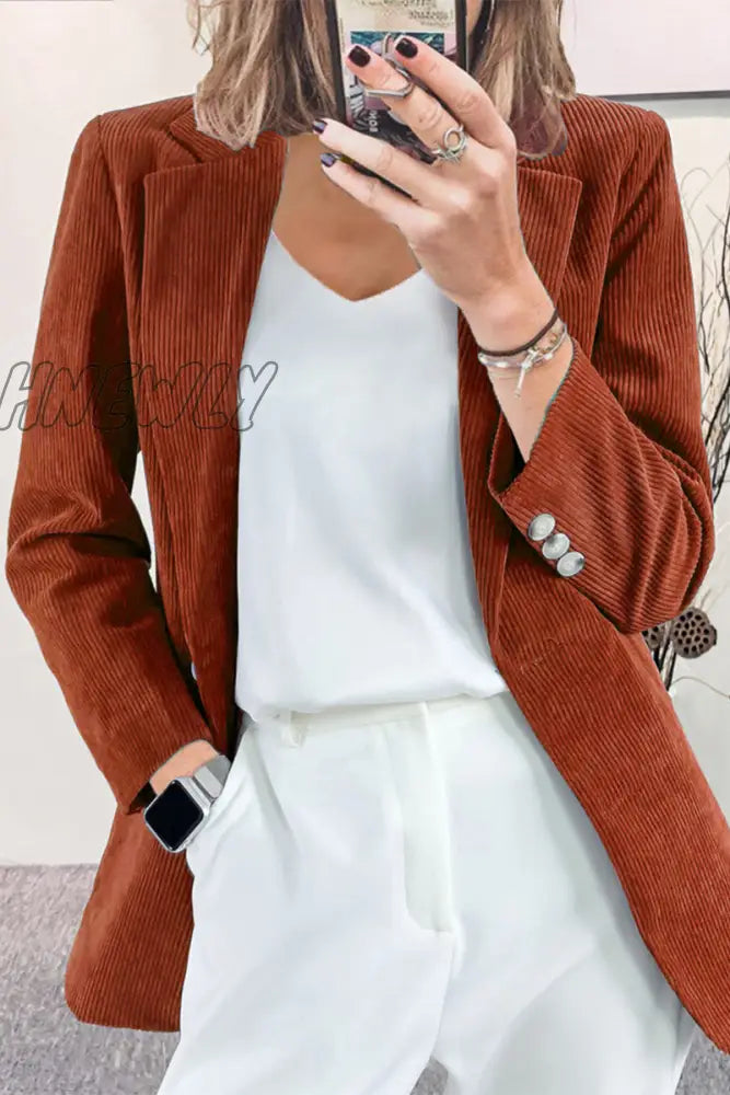 Hnewly - Casual Work Solid Buttons Turn-Back Collar Outerwear(7 Colors) Caramel Colour / S