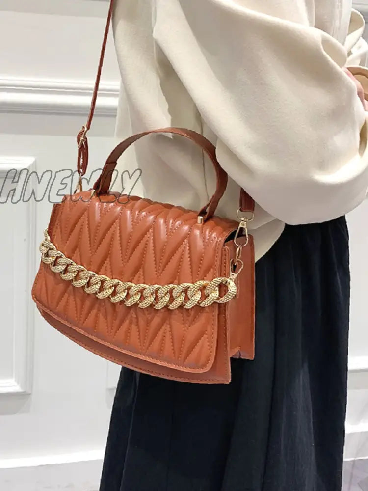 Hnewly - Chevron Chain Flap Satchel Bag Women Satchels Women-Satchels