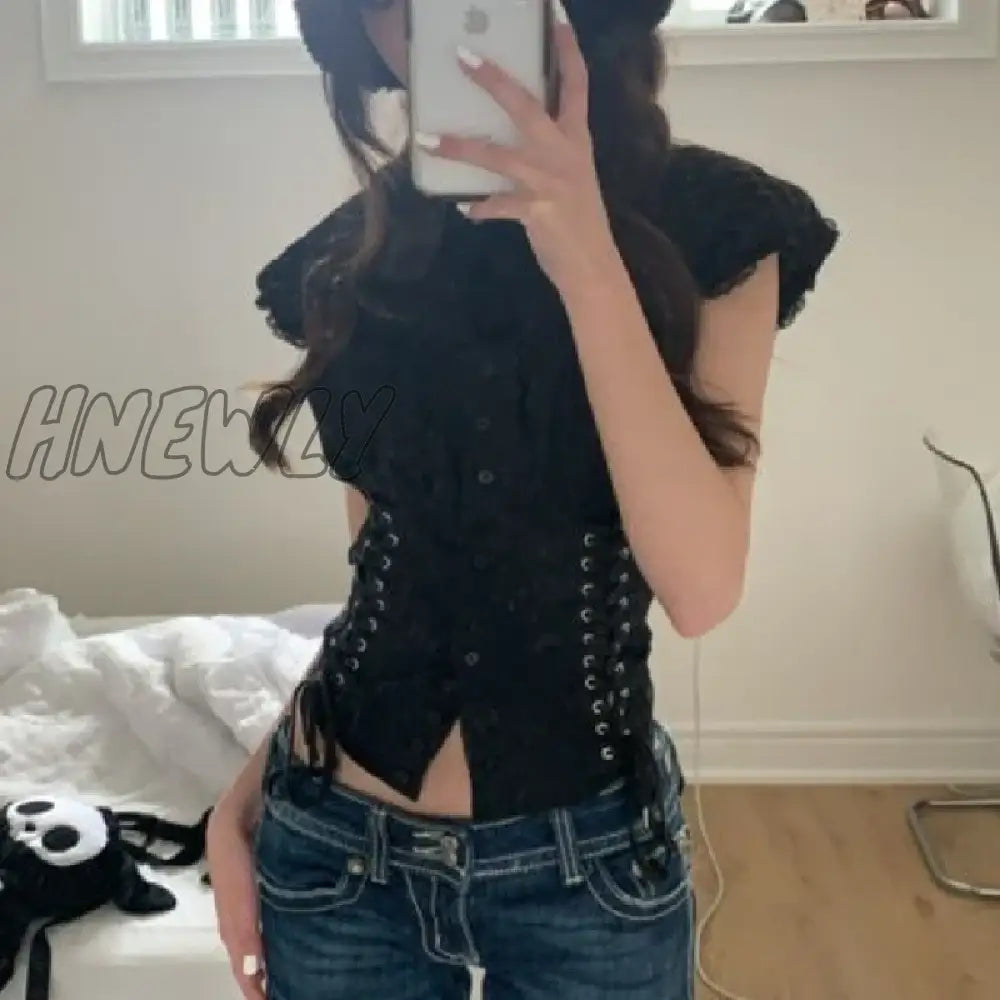 Hnewly Chic Bandage Crop Top Y2K Vintage Grunge Black T-Shirts Women Button Slim Croset Aesthetic