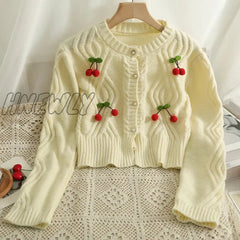 Hnewly Chic Fashion Cherry Knitted Cardigan Women Autumn Cute Button Up O-Neck Long Sleeve Coat