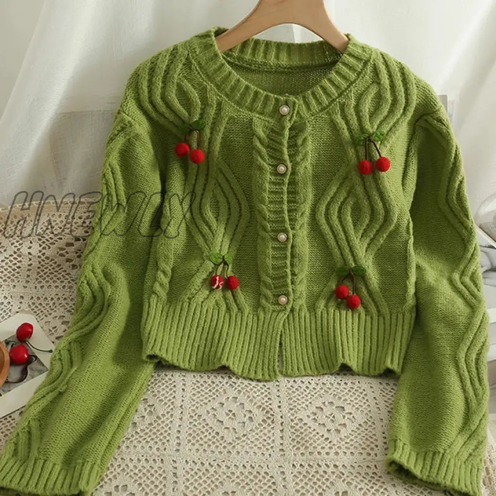Hnewly Chic Fashion Cherry Knitted Cardigan Women Autumn Cute Button Up O-Neck Long Sleeve Coat