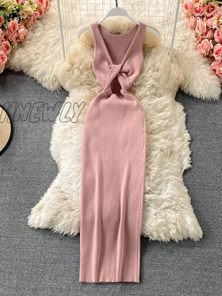 Hnewly Chic Fashion Woman Dress Solid O Neck Sleeveless Maxi Dresses Vintage Summer High Waist